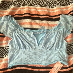 SHEIN MOD Plus Floral Print Frill Trim Knot Front Ruched Bust Crop Tee